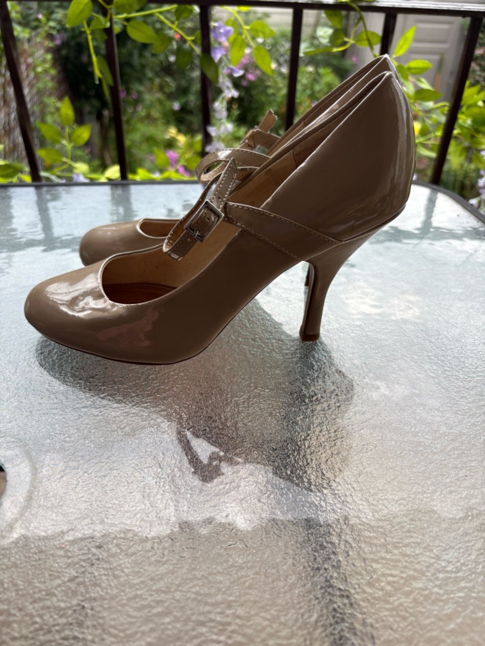 Chinese Laundry Nude Patent T-Strap Heels